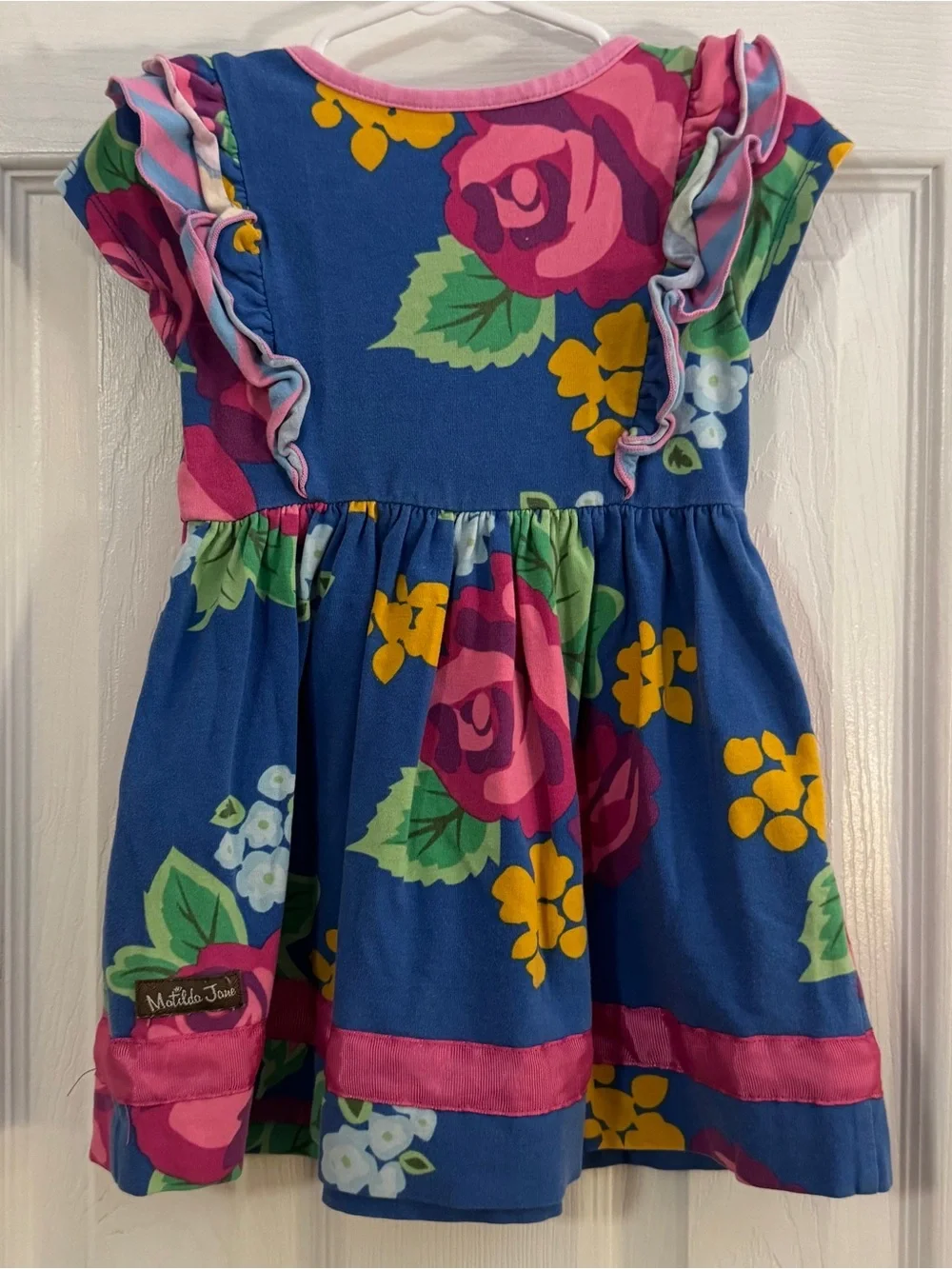 Matilda Jane Baby Girl Bright Blue Floral Ruffle Dress with Pink Accents